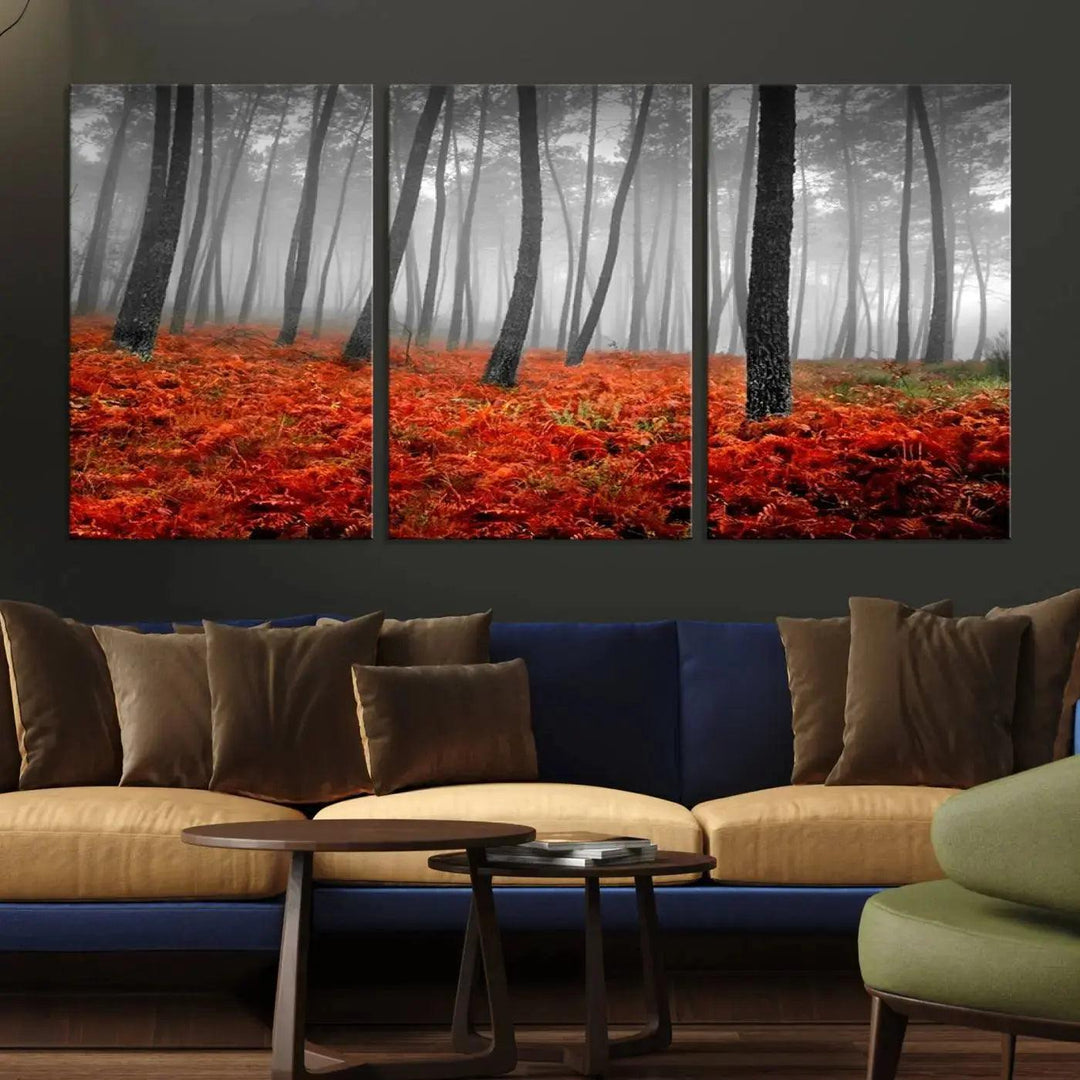 Large Wall Art Landscape Forest Canvas PrintFog in Forest with Red Flowers on Ground