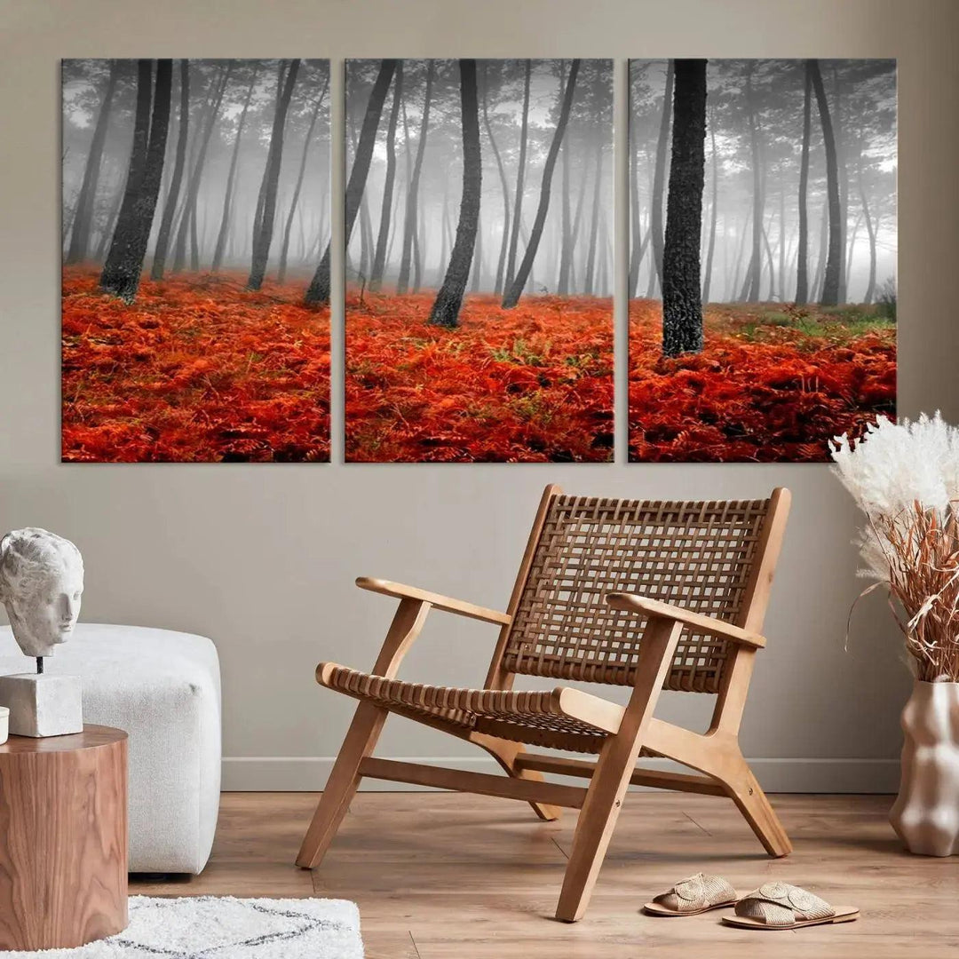 Large Wall Art Landscape Forest Canvas PrintFog in Forest with Red Flowers on Ground