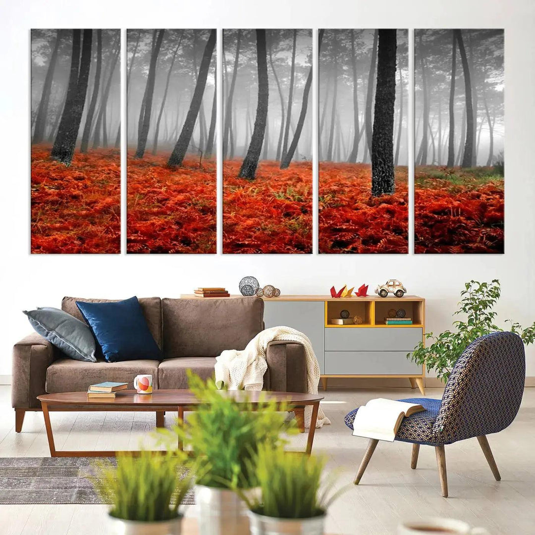 Large Wall Art Landscape Forest Canvas PrintFog in Forest with Red Flowers on Ground