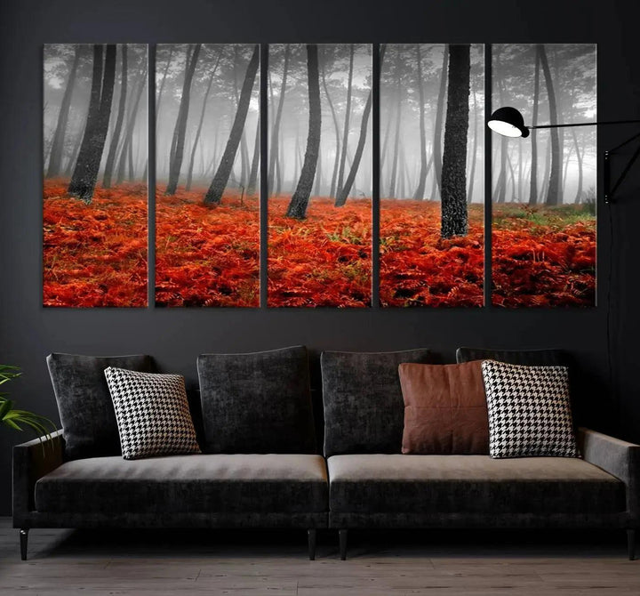 Large Wall Art Landscape Forest Canvas PrintFog in Forest with Red Flowers on Ground