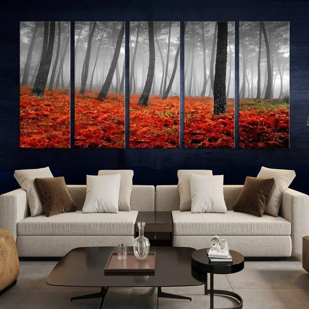 Large Wall Art Landscape Forest Canvas PrintFog in Forest with Red Flowers on Ground