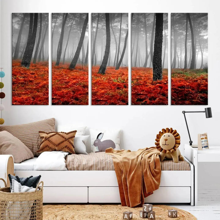 Large Wall Art Landscape Forest Canvas PrintFog in Forest with Red Flowers on Ground