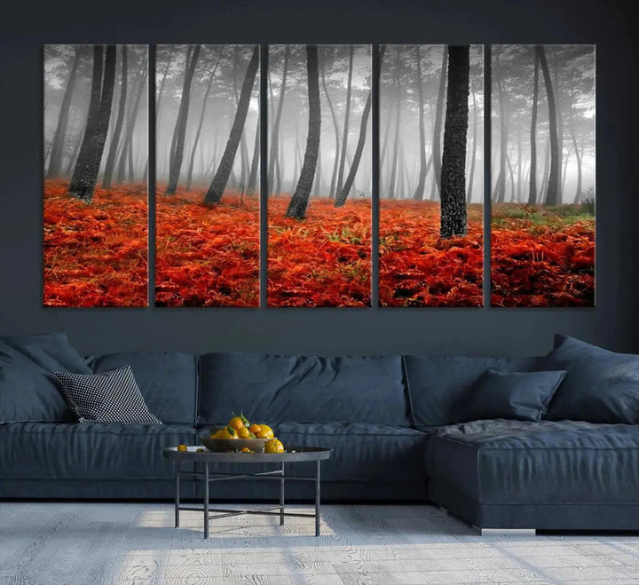 Large Wall Art Landscape Forest Canvas PrintFog in Forest with Red Flowers on Ground