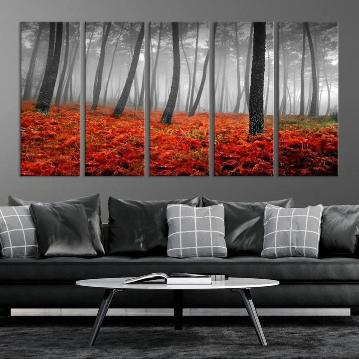 Large Wall Art Landscape Forest Canvas PrintFog in Forest with Red Flowers on Ground