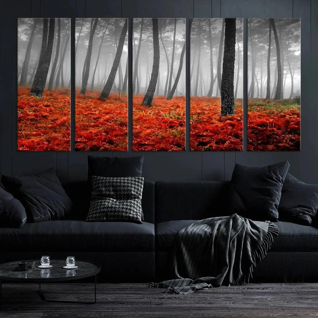 Large Wall Art Landscape Forest Canvas PrintFog in Forest with Red Flowers on Ground