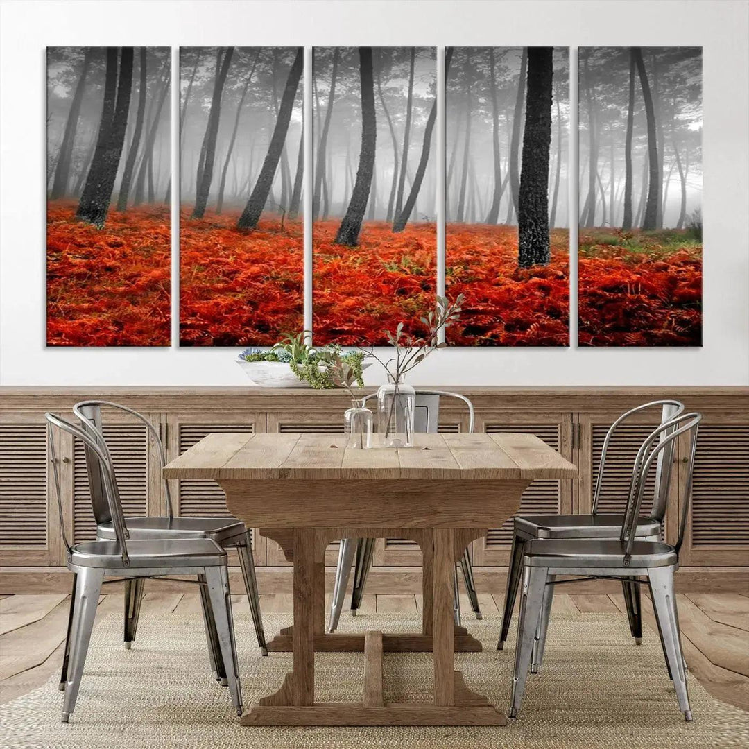 Large Wall Art Landscape Forest Canvas PrintFog in Forest with Red Flowers on Ground