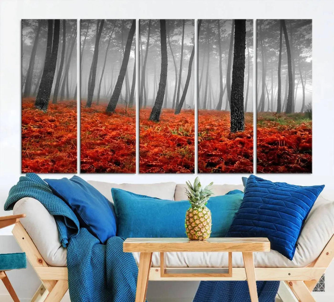 Large Wall Art Landscape Forest Canvas PrintFog in Forest with Red Flowers on Ground