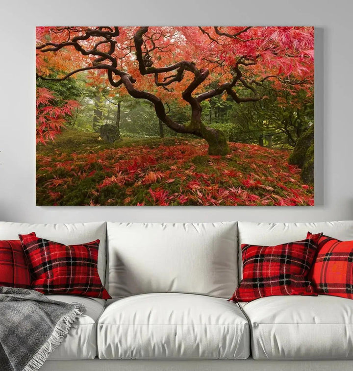 Large Wall Art Landscape Pink Flowers on Tree and Ground in Green Forest Canvas Print