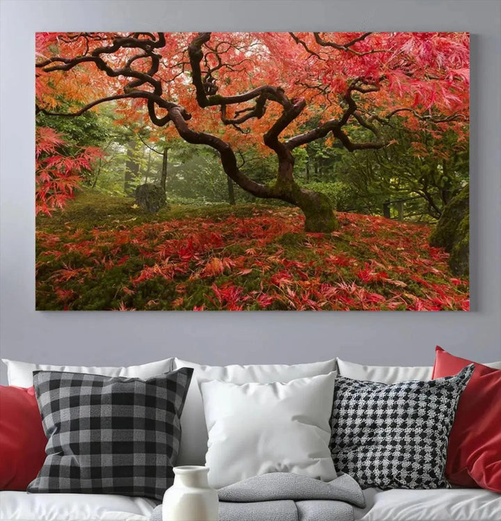 Large Wall Art Landscape Pink Flowers on Tree and Ground in Green Forest Canvas Print