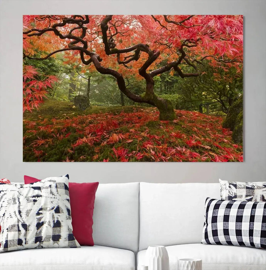 Large Wall Art Landscape Pink Flowers on Tree and Ground in Green Forest Canvas Print