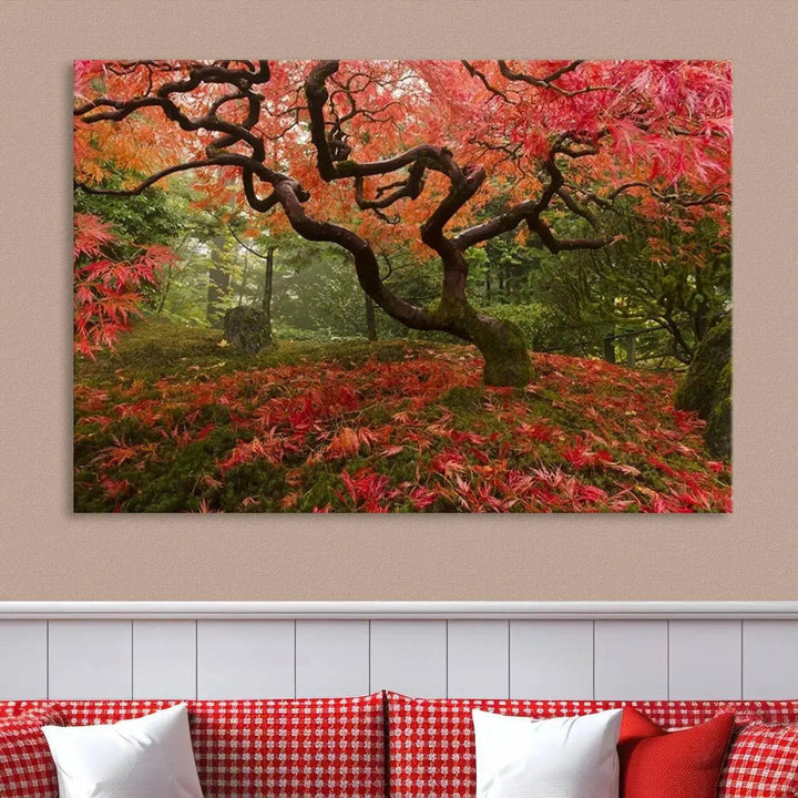 Large Wall Art Landscape Pink Flowers on Tree and Ground in Green Forest Canvas Print