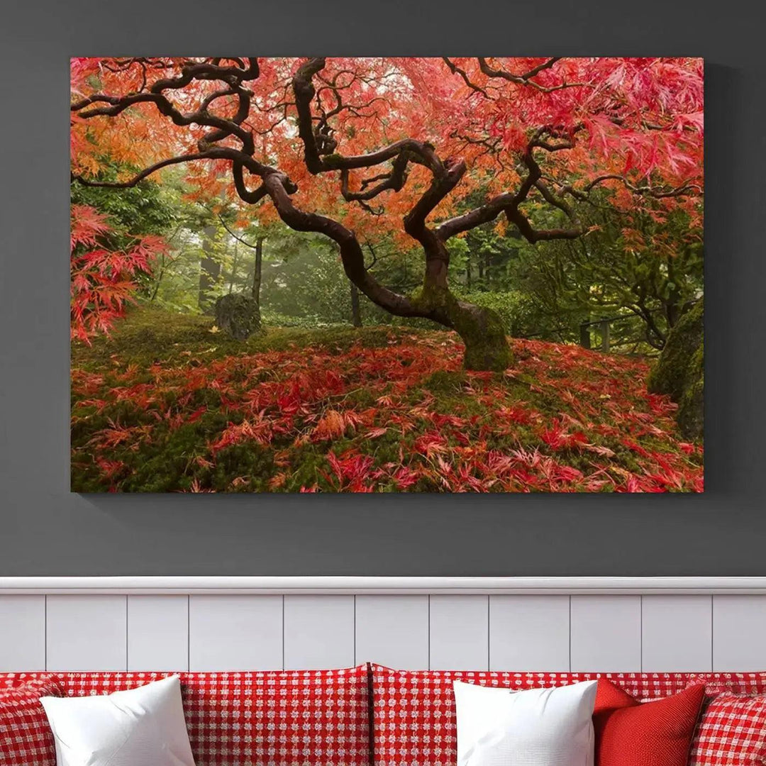 Large Wall Art Landscape Pink Flowers on Tree and Ground in Green Forest Canvas Print