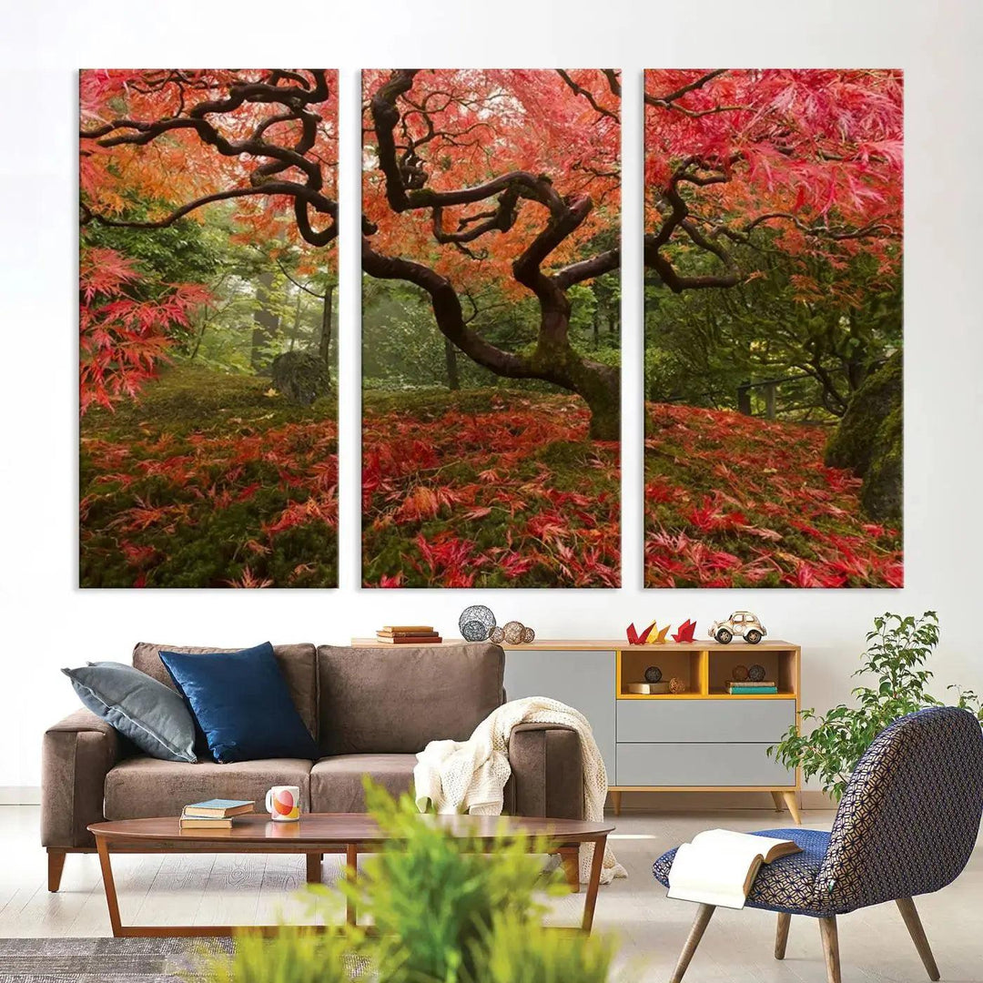 Large Wall Art Landscape Pink Flowers on Tree and Ground in Green Forest Canvas Print