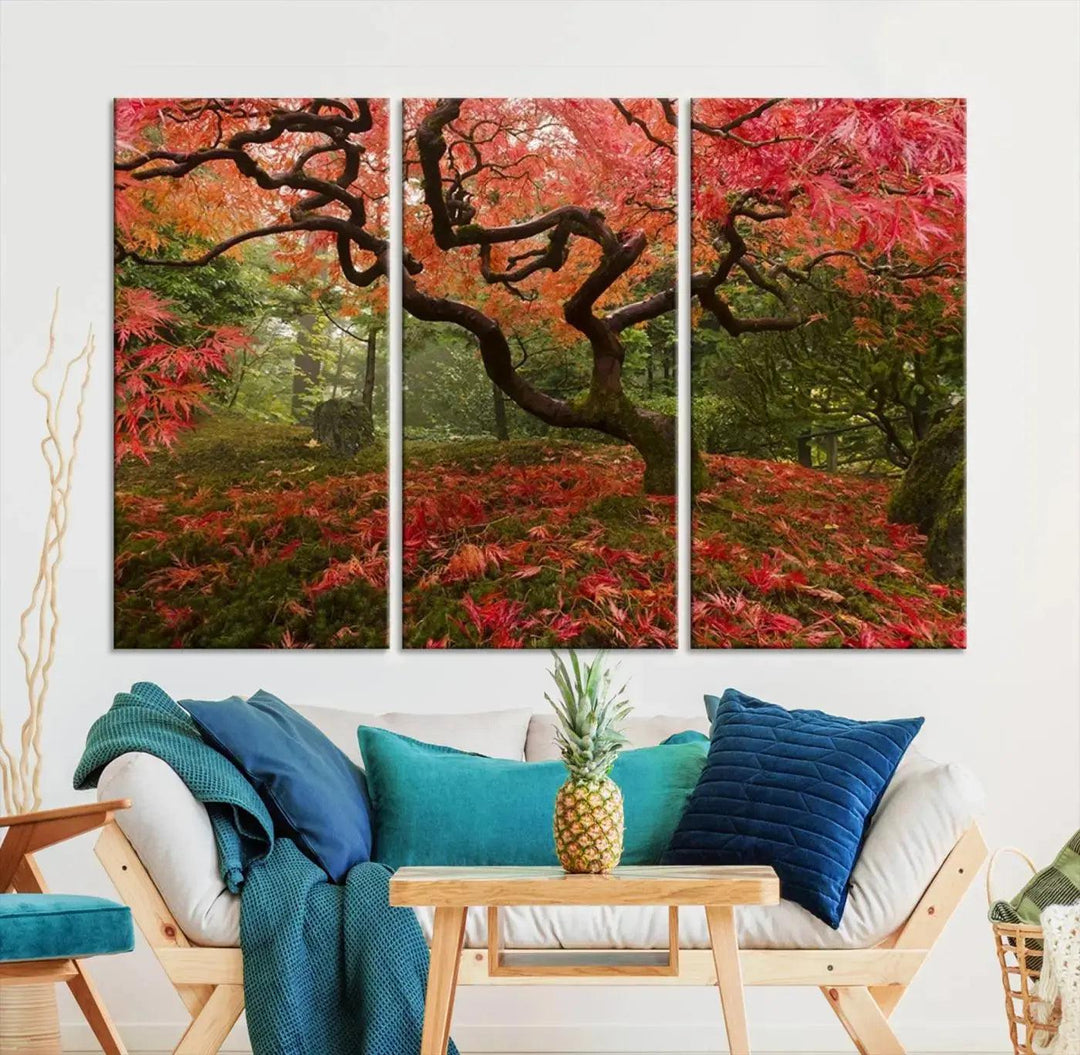 Large Wall Art Landscape Pink Flowers on Tree and Ground in Green Forest Canvas Print