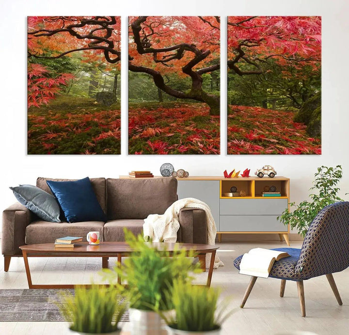 Large Wall Art Landscape Pink Flowers on Tree and Ground in Green Forest Canvas Print