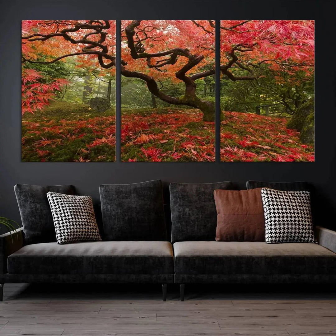 Large Wall Art Landscape Pink Flowers on Tree and Ground in Green Forest Canvas Print