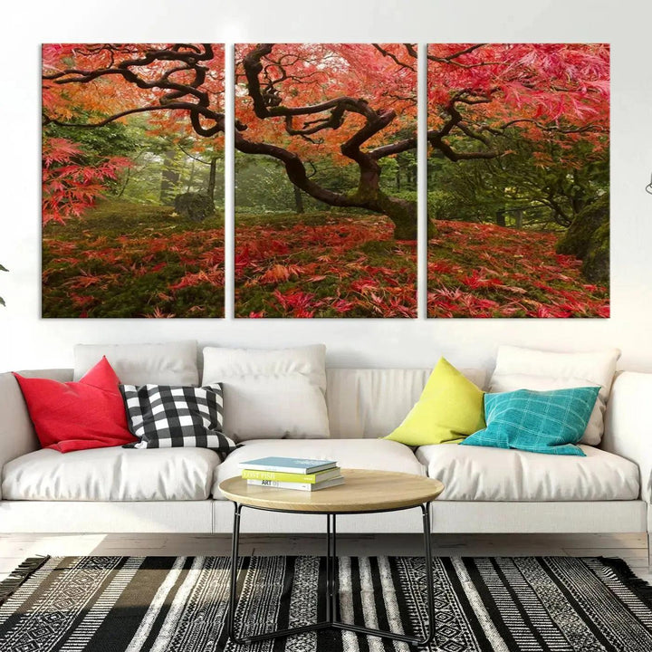 Large Wall Art Landscape Pink Flowers on Tree and Ground in Green Forest Canvas Print