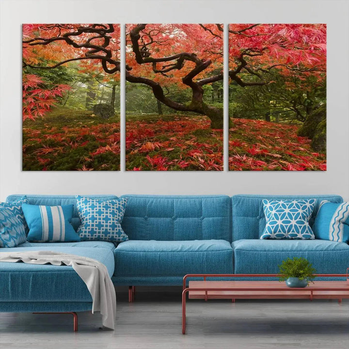 Large Wall Art Landscape Pink Flowers on Tree and Ground in Green Forest Canvas Print