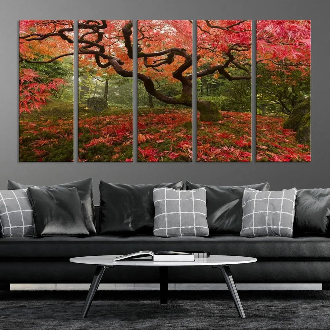 Large Wall Art Landscape Pink Flowers on Tree and Ground in Green Forest Canvas Print