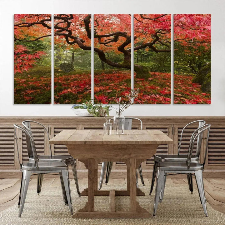 Large Wall Art Landscape Pink Flowers on Tree and Ground in Green Forest Canvas Print