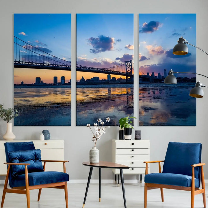 Large Wall Art Philedelphia Canvas Print - Benjamin Franklin Bridge at Sunset