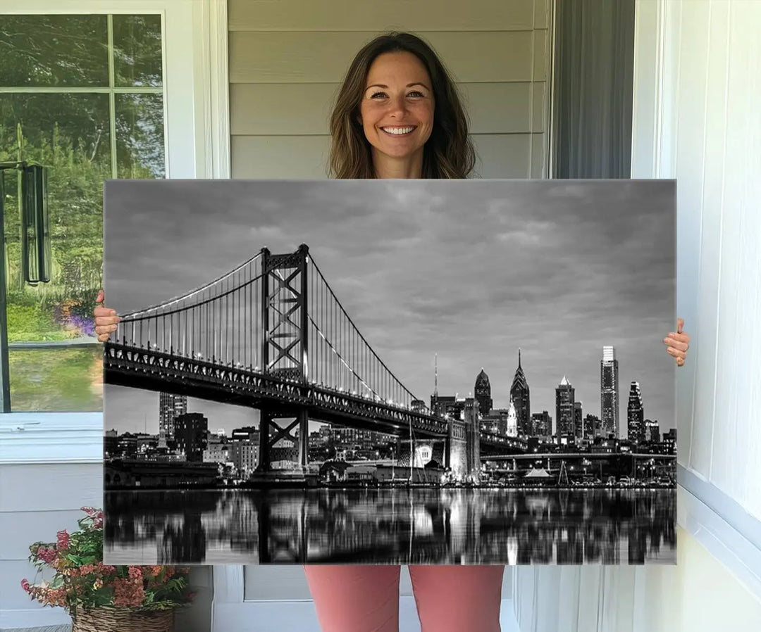 Large Wall Art Philedelphia Canvas Print - Black and White Ben Franklin Bridge with Water Reflection