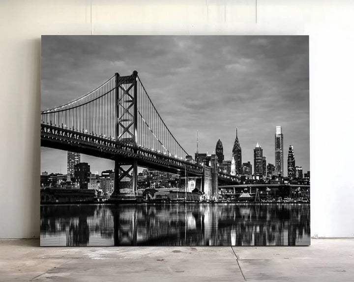 Large Wall Art Philedelphia Canvas Print - Black and White Ben Franklin Bridge with Water Reflection