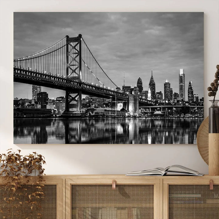 Large Wall Art Philedelphia Canvas Print - Black and White Ben Franklin Bridge with Water Reflection