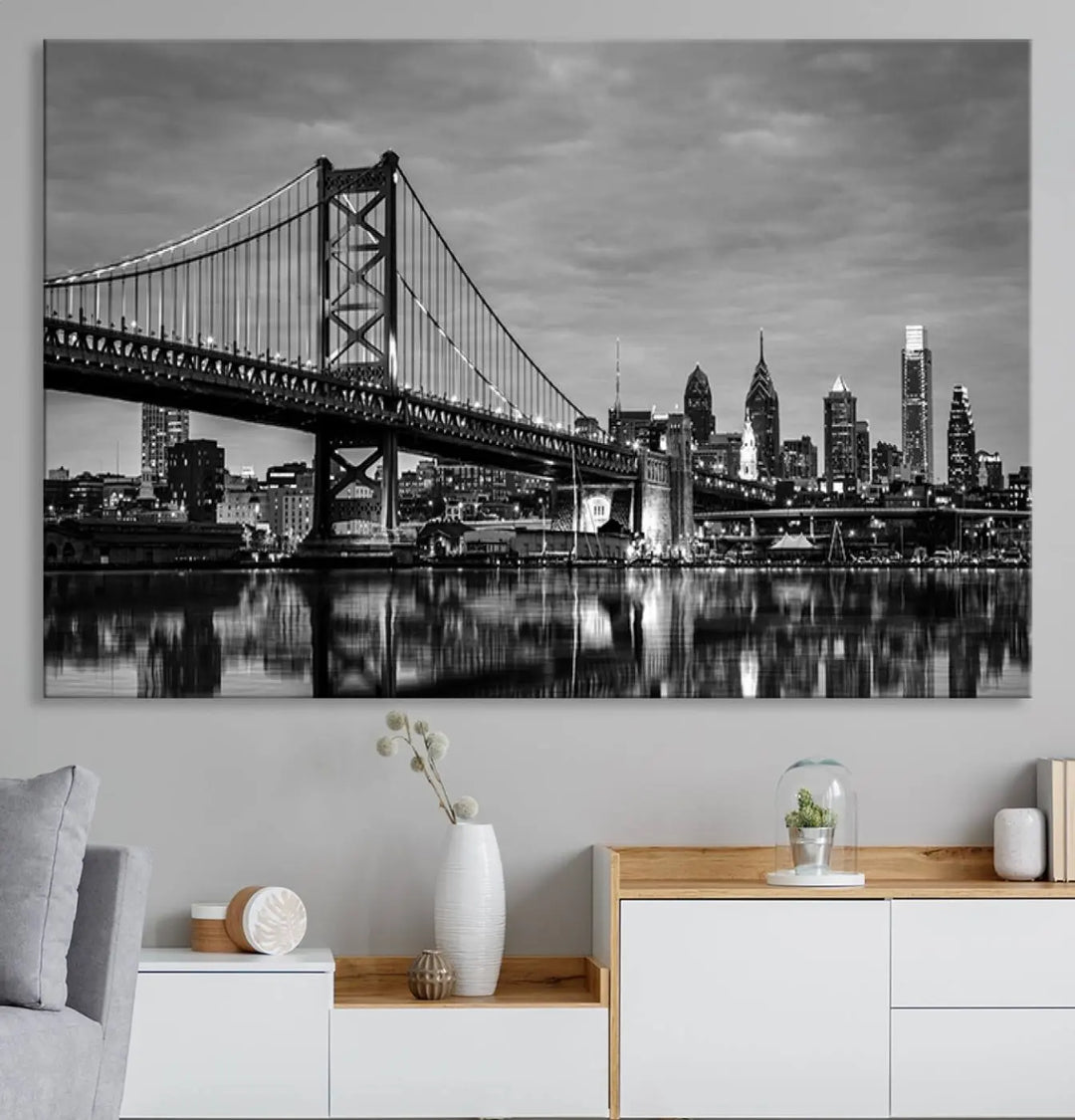 Large Wall Art Philedelphia Canvas Print - Black and White Ben Franklin Bridge with Water Reflection