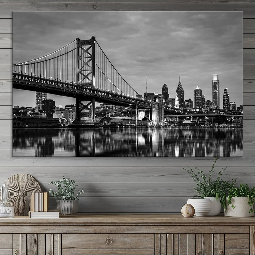 Large Wall Art Philedelphia Canvas Print - Black and White Ben Franklin Bridge with Water Reflection