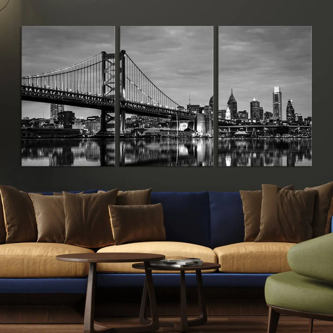 Large Wall Art Philedelphia Canvas Print - Black and White Ben Franklin Bridge with Water Reflection