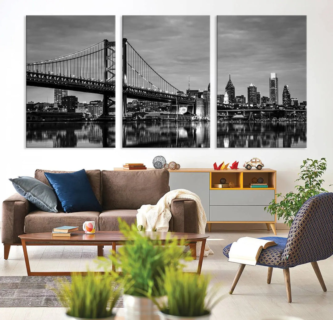 Large Wall Art Philedelphia Canvas Print - Black and White Ben Franklin Bridge with Water Reflection