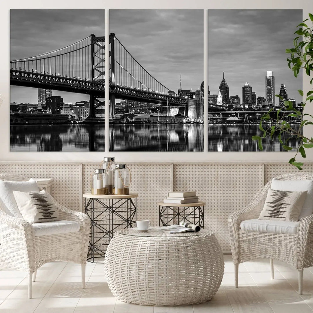 Large Wall Art Philedelphia Canvas Print - Black and White Ben Franklin Bridge with Water Reflection