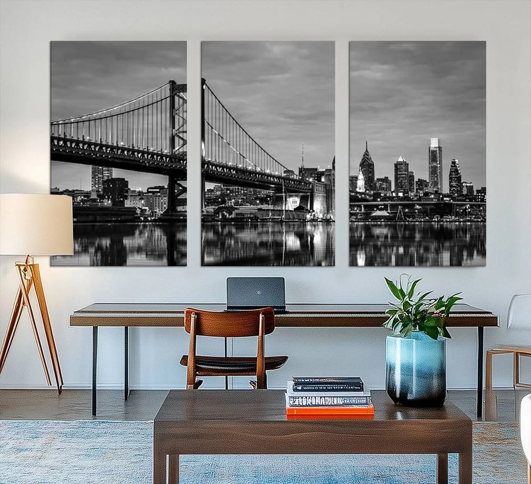 Large Wall Art Philedelphia Canvas Print - Black and White Ben Franklin Bridge with Water Reflection