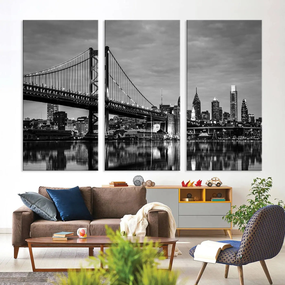 Large Wall Art Philedelphia Canvas Print - Black and White Ben Franklin Bridge with Water Reflection