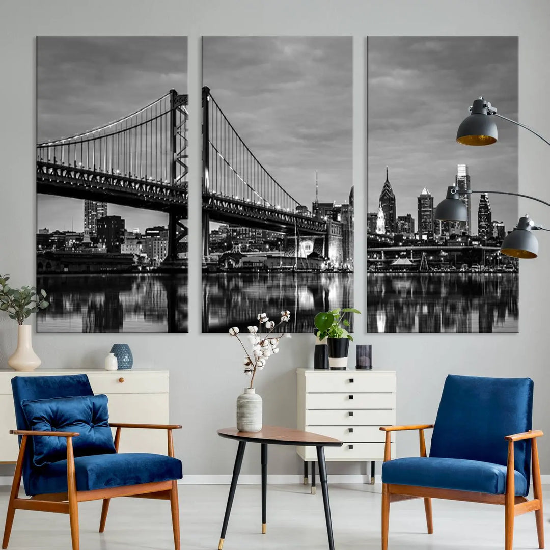 Large Wall Art Philedelphia Canvas Print - Black and White Ben Franklin Bridge with Water Reflection