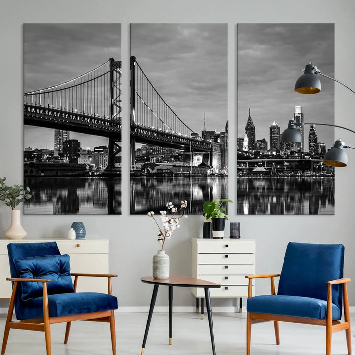 Large Wall Art Philedelphia Canvas Print - Black and White Ben Franklin Bridge with Water Reflection