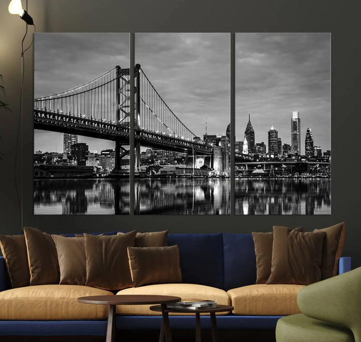 Large Wall Art Philedelphia Canvas Print - Black and White Ben Franklin Bridge with Water Reflection