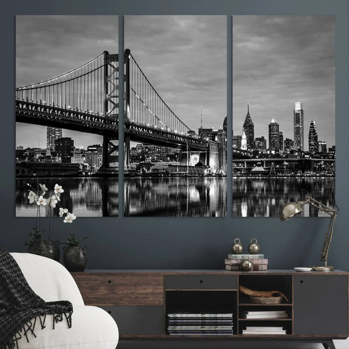 Large Wall Art Philedelphia Canvas Print - Black and White Ben Franklin Bridge with Water Reflection