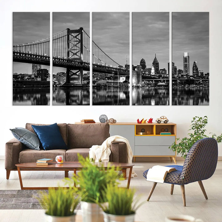 Large Wall Art Philedelphia Canvas Print - Black and White Ben Franklin Bridge with Water Reflection