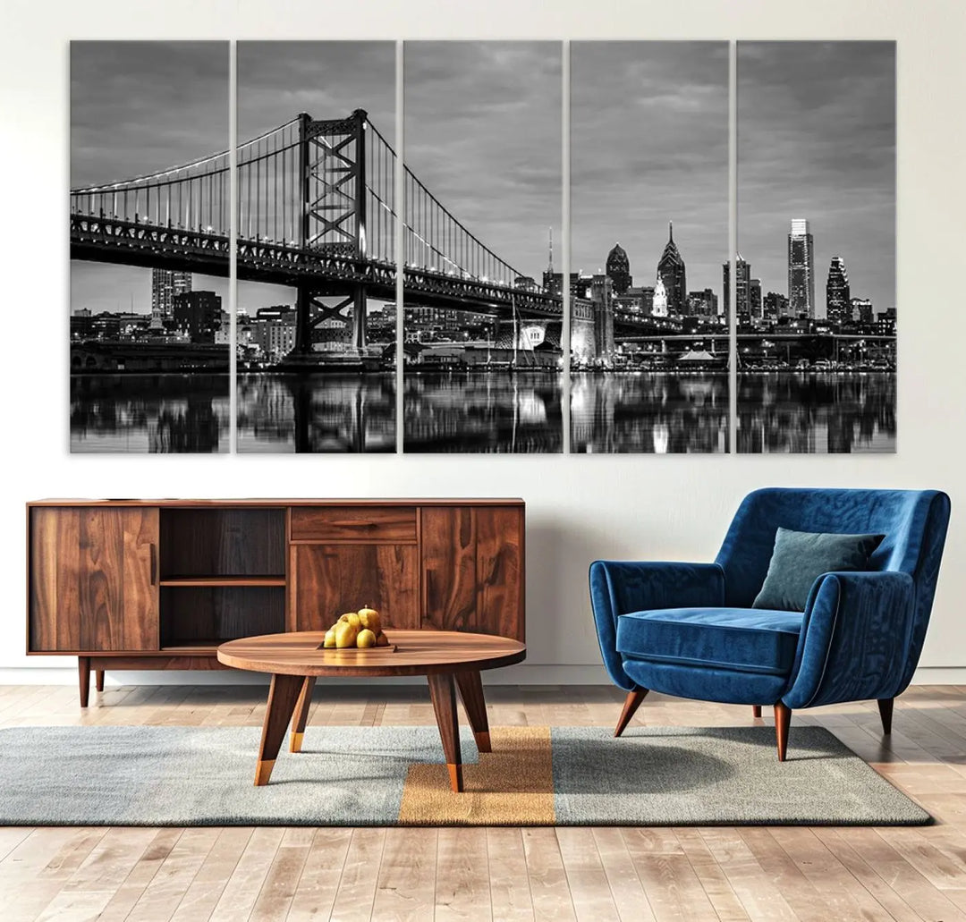 Large Wall Art Philedelphia Canvas Print - Black and White Ben Franklin Bridge with Water Reflection