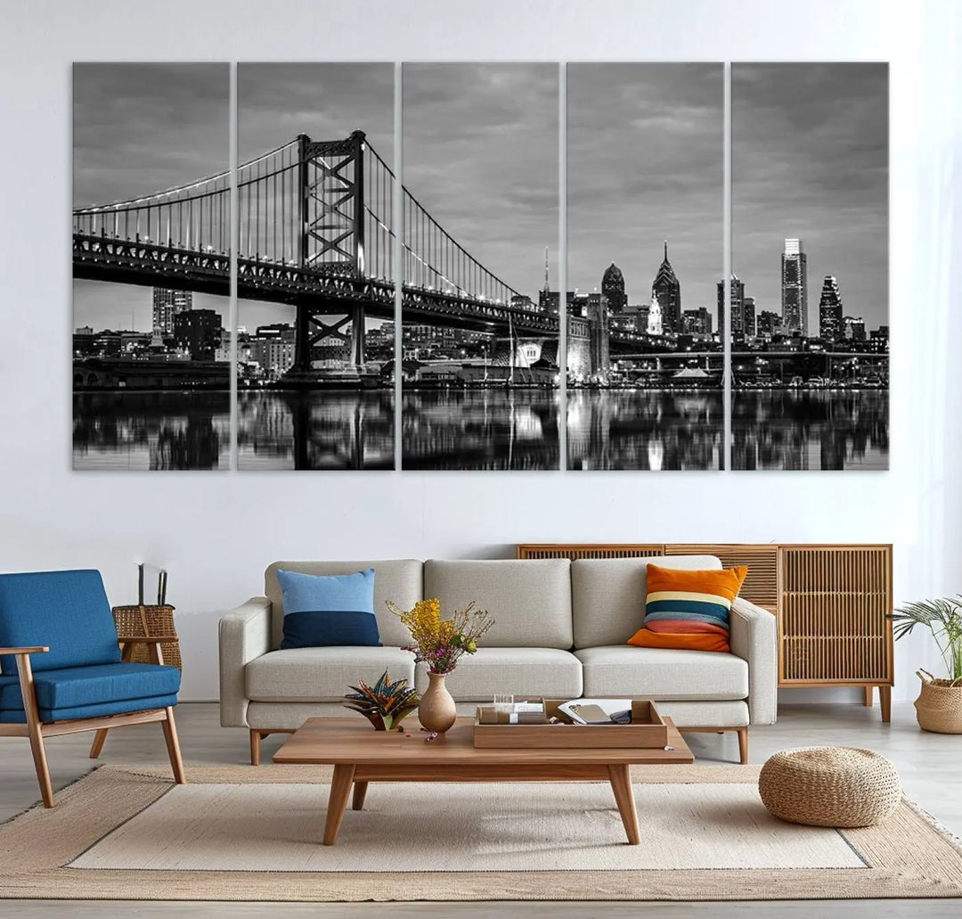 Large Wall Art Philedelphia Canvas Print - Black and White Ben Franklin Bridge with Water Reflection