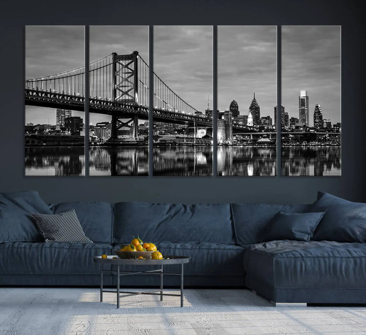 Large Wall Art Philedelphia Canvas Print - Black and White Ben Franklin Bridge with Water Reflection