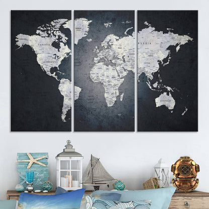 19124-MGV-CV-48X32-3P-Large Wall Art Push Pin World Map Canvas Print