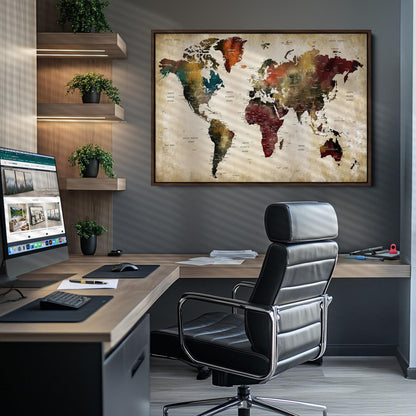 63870-MGV-CV-36X24-Large World Map Wall Art Canvas Print, Push Pin Map Print, Framed Abstract Traveller Map Art Print, Large Watercolor World Map Printing