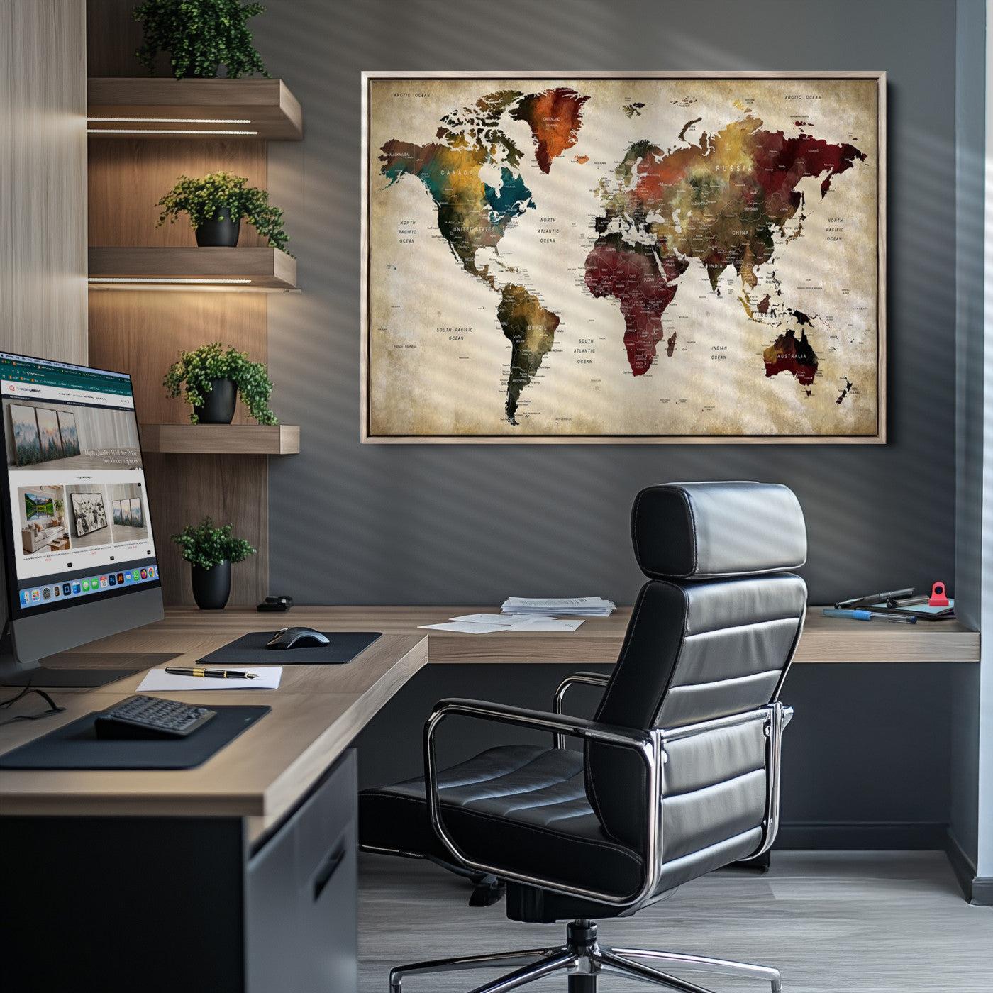 63870-MGV-CV-36X24-Large World Map Wall Art Canvas Print, Push Pin Map Print, Framed Abstract Traveller Map Art Print, Large Watercolor World Map Printing