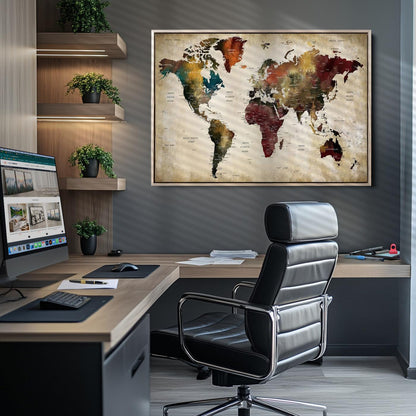 63870-MGV-CV-36X24-Large World Map Wall Art Canvas Print, Push Pin Map Print, Framed Abstract Traveller Map Art Print, Large Watercolor World Map Printing