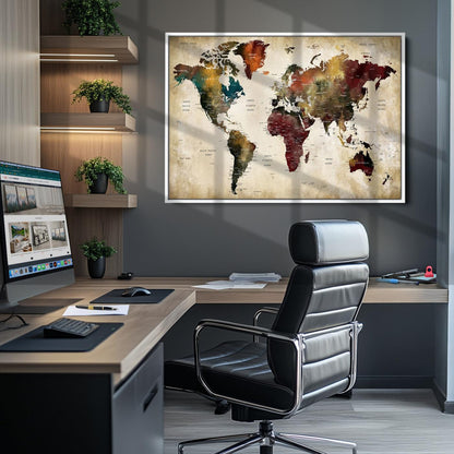 63870-MGV-CV-36X24-Large World Map Wall Art Canvas Print, Push Pin Map Print, Framed Abstract Traveller Map Art Print, Large Watercolor World Map Printing