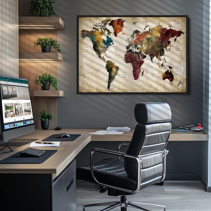 63870-MGV-CV-36X24-Large World Map Wall Art Canvas Print, Push Pin Map Print, Framed Abstract Traveller Map Art Print, Large Watercolor World Map Printing