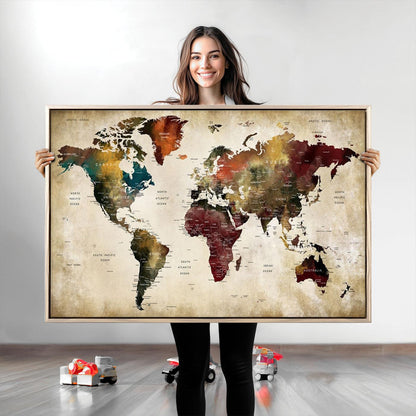 63870-MGV-CV-36X24-Large World Map Wall Art Canvas Print, Push Pin Map Print, Framed Abstract Traveller Map Art Print, Large Watercolor World Map Printing